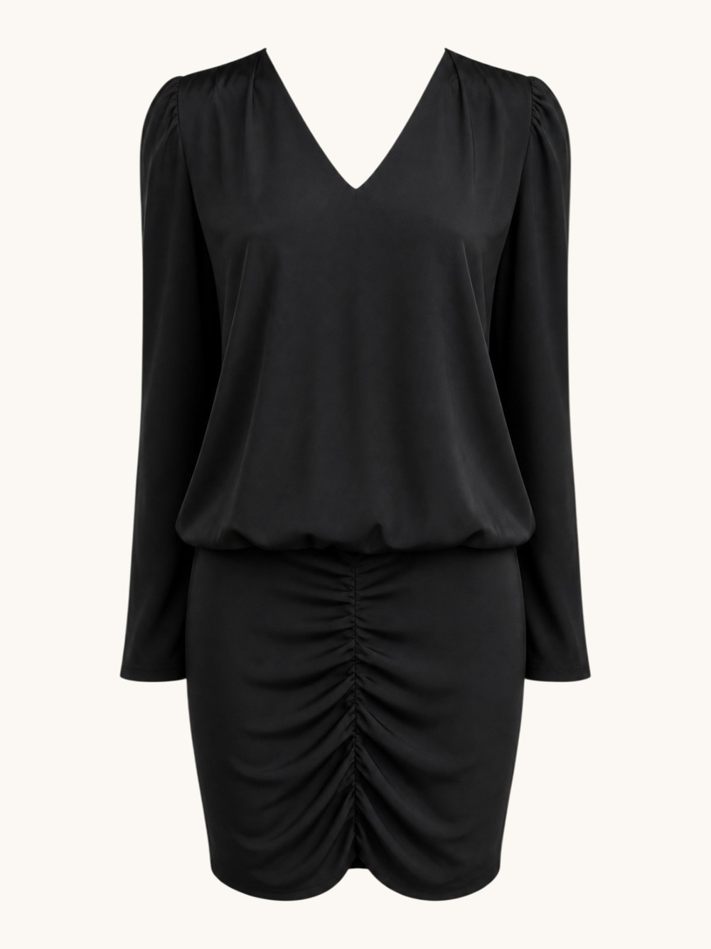Vintage 1980s Black V-Neck Long Sleeve Ruched Dress